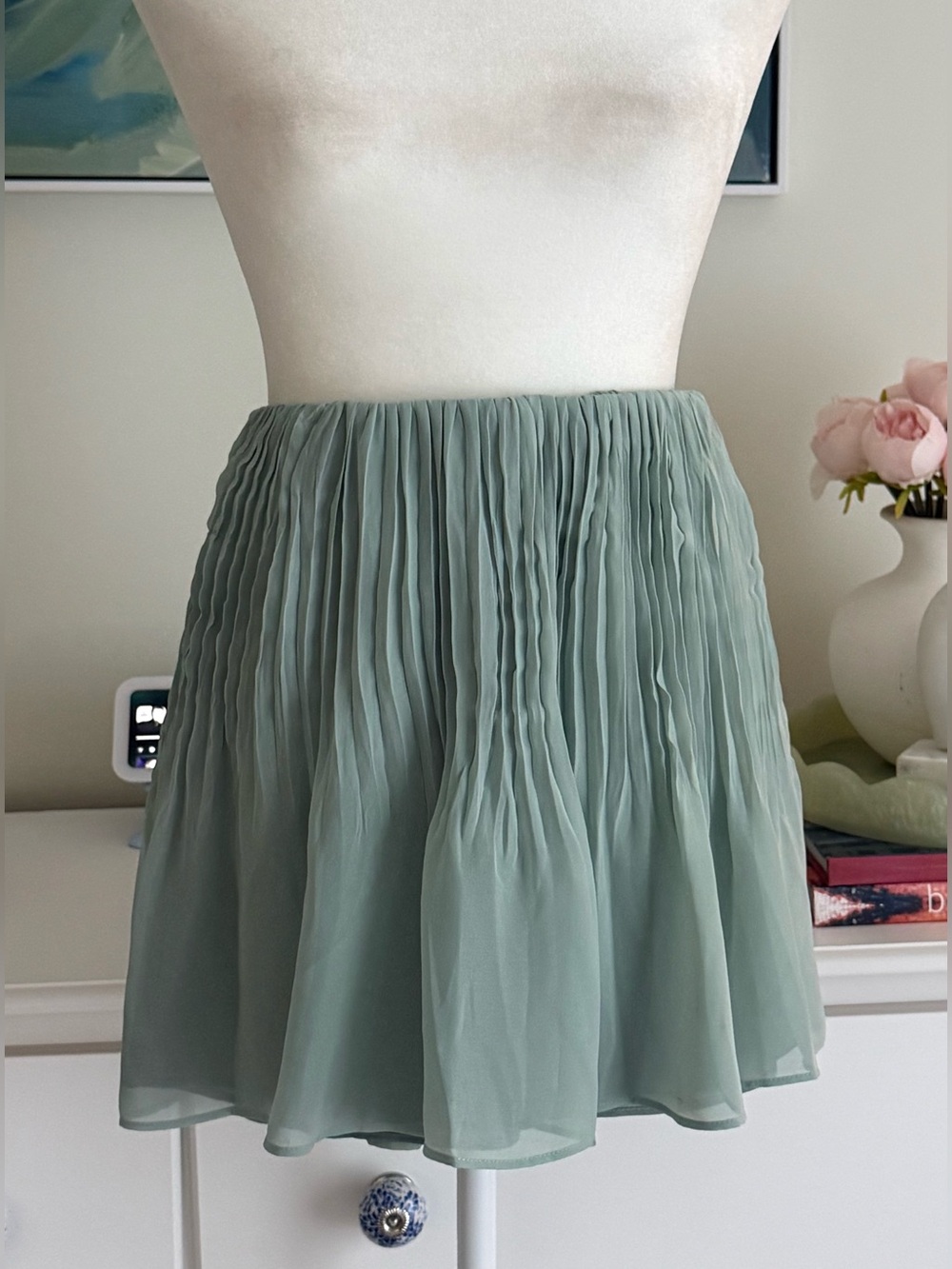 BCBGeneration Pleated Chiffon Skater Skirt in Sage Green